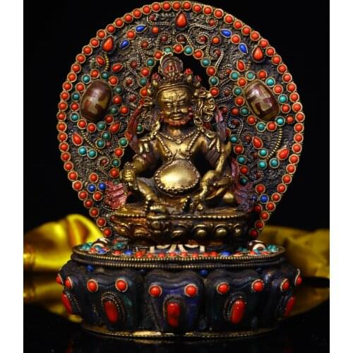 7"Tibet Temple Collection Old Tibetan silver Filigree mosaic Gem Dzi Bead Huang Caishen Yellow God of Wealth Buddha Back light