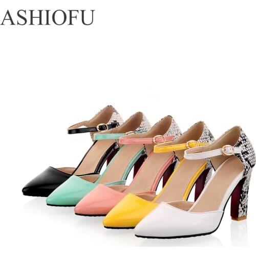 ASHIOFU Womens Handmade Pumps Patchwork Leather Party Prom Dress Shoes Mary Janes Chunky Heel Fashion Evening Court Shoes