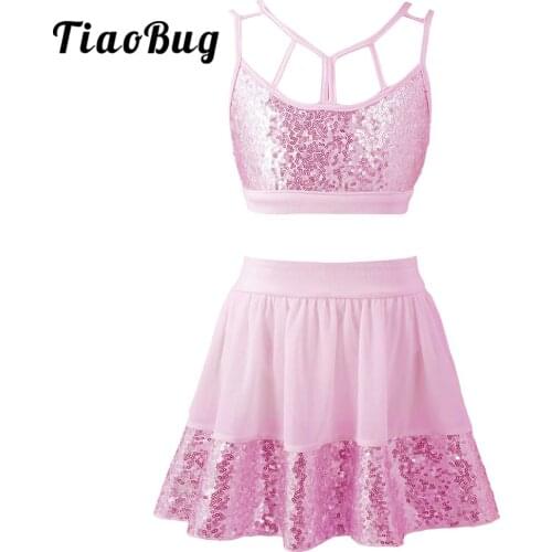 Girls Ballet Dance Costumes Kids Sequins Patchwork Lyrical Jazz Stage Performance Modern Dance Wear Crop Top Skirt Clothes Set