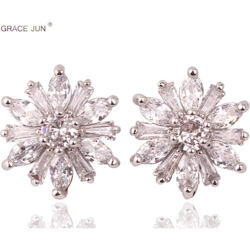 GRACE JUN Flower Clip on Earrings No Pierced for Women Party Wedding Luxury Bridesmaid Cubic Zircon Material No Hole Earrings