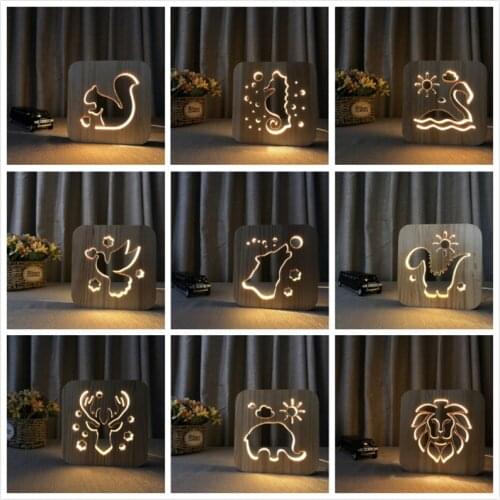Wood nightlight Cute Animal dog cat lion dolphin Seahorse LED desk lamp gift adult children bedside lamp Decoration drop ship