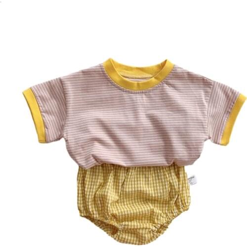 Childrens Clothing For Newborn 2021 Summer Stripe Splicing Short Sleeve T-Shirt Plaid Elastic Waist Shorts Baby Girl Clothes