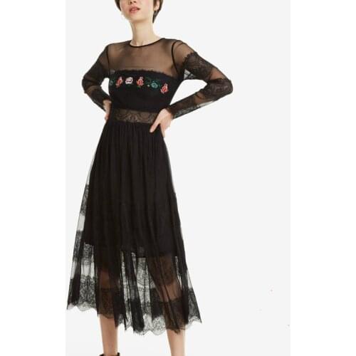 Spanish mesh stitching embroidery Black Slim dress