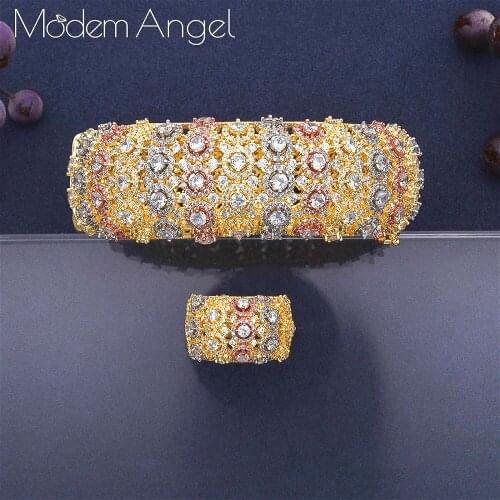 ModemAngel Charms Cubic Zircon All Over Full Bangle Ring 2PCS Jewelry Sets For Women Brand Nigerian Dubai Wedding Jewelry Sets
