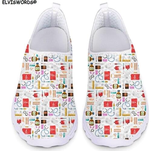 ELVISWORDS Medical Printing Flats Womens Shoes Air Mesh Spring Summer Female Sneakers Soft Light Breathable Shoes for Girls