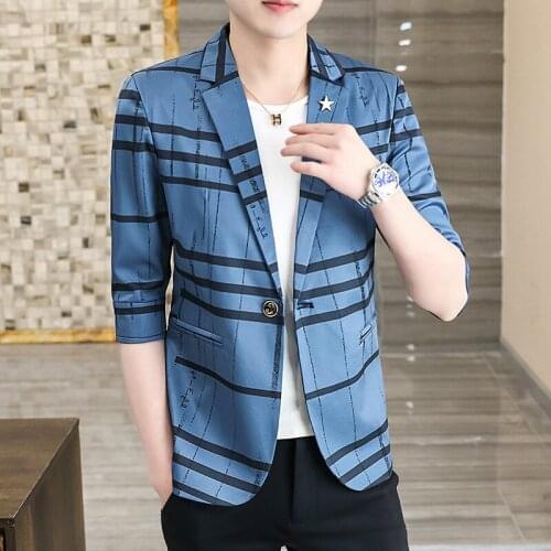 Fashion Mens 3/4 Sleeve Striped Blazers Jacket Business Casual Coat Summer Outwear H5
