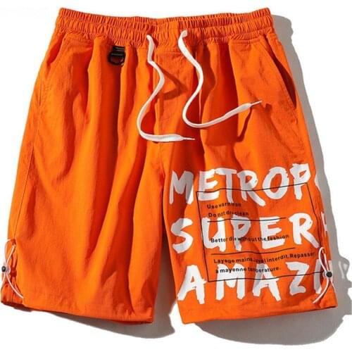 Mens Shorts New 2021 Summer Orange Letter Print Hip Hop Japanese Streetwear Harajuku Male Casual Punk Pants Shorts For Men