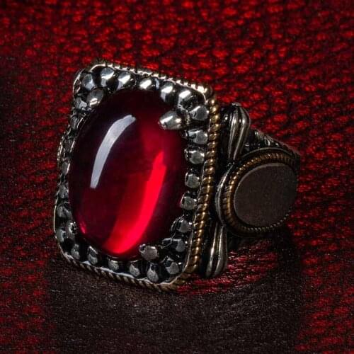 Silver Cambered Red Zircon Gemstone Men Ring Handmade Ebroidered Ring High Quality Fashionable Solid 925 Sterling Silver