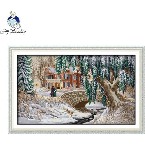 Joy Sunday Needlework DIY Ribbon Cross stitch Set for Embroidery kit Snow-covered landscape Cross-Stitch handwork wedding
