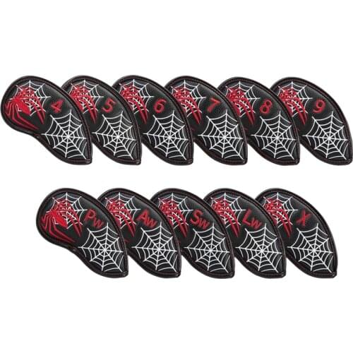 New-Golf Iron Head Cover Set with Spider Web Design, Black Synthetic Leather Wedge Headcovers with Skeleton (11Pcs/Lot)