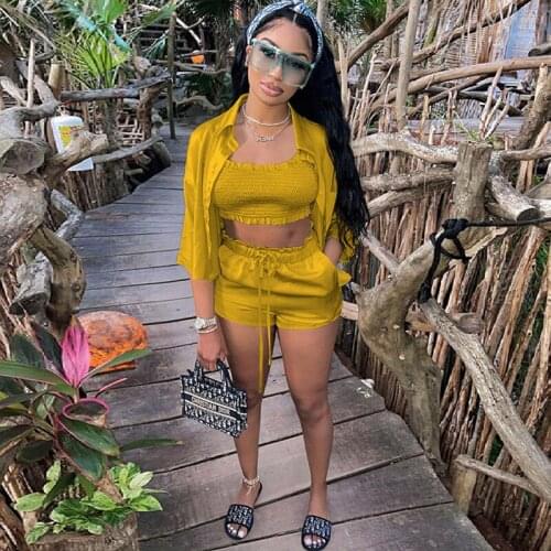 Stain 3 Piece Set for Women Matching Sets Shirt Blouse + Tank Crop Top + Shorts Sets Streetwear Summer Outfits Ensemble Femme