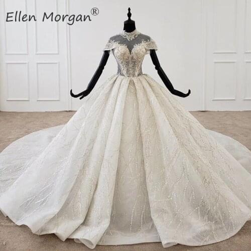 Luxury High Neck Ball Gowns Wedding Dresses 2020 Lace Appliques Beading High Quality Glitter Saudi Arabian Bridal Ball Gowns