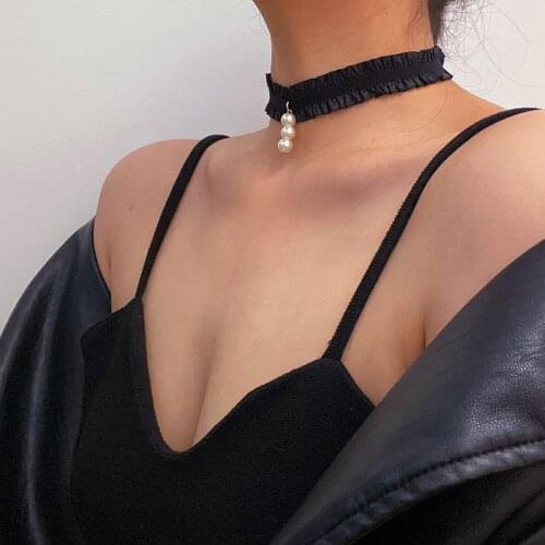 Vogallery Sexy Black White Lace Choker Necklaces For Women Fashion Club Party Pearl Short Necklace Baroque Palace Chokers