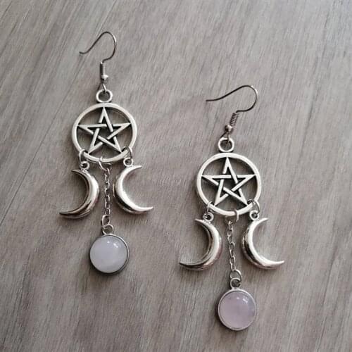 Pentagram Crescent Moon Rose Stone Earrings Natural Stone Wicca Witchy Creative Gorgeous Wedding Pagan Gothic Women Gift Fashion