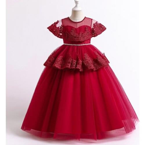 Princess Mesh Dress For 3-14Y Girl Christmas Birthday Party Clothing Kid Wedding Red Flower Dresses Children Summer Prom Costume