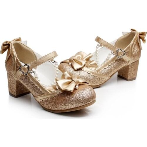 Kawaii girl sweet lolita shoes star pearl lace bowknot princess kawaii shoes round head high heel women shoes loli cosplay cos