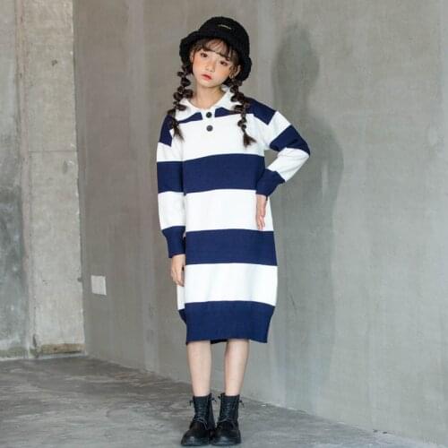 6Y To 16Y New Girls Knitting Dress Autumn 2020 Korean Children Knitting Clothes Kids Midi Dress Baby Leisure Dress Button, #9182