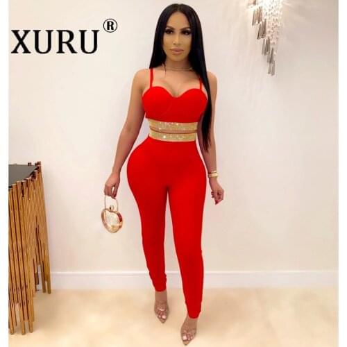 XURU 2020 New Womens Jumpsuit Two-piece Suspenders Sexy Off-shoulder Nightclub Hot Rhinestone Bodysuit