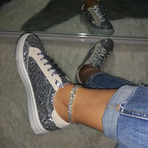 Women Casual Shoes Fashion Sneakers Rock Glitter Shiny Sneakers Womens Shoes Encrusted Lace Up Vulcanized Shoes Street Sneakers