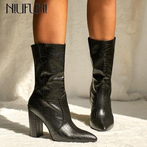 NIUFUNI Womens Autumn WInter Black Boots Fashion Crocodile Grain Mid Calf Boots Pointed Toe Square High Heels Black Shoes Woman