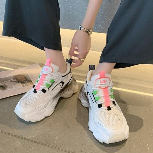 Womens Running Tennis Sports Sneakers For Spring Autumn Breathable Air Mesh Thick Platform Lace-up Splicing Female Casual Shoes