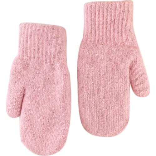Women Winter Double Layer Full Finger Gloves Solid Color Plush Lined Knit Mitten