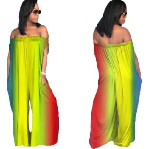 Rainbow Printed Strapless Off Shoulder Jumpsuit Women Sexy Slash Neck Sleeveless Wide Leg Romper Loose Casual Jumpsuit Female
