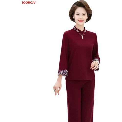 Womens Pants Set 2020 Spring Autumn Embroidered Tops + Wide Leg Pants Two Piece Suit Middle Age Mother National Casual Suit 1860