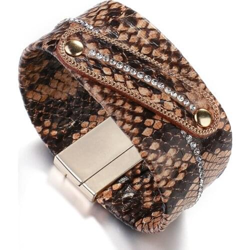 ALLYES Bohemian Snake Leather Bracelet for Women Fashion Rhinestone Chain Wide Wrap Bracelet Animal Print Punk Jewelry