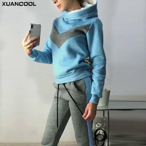 XUANCOOL 2020 Winter Sportswear Jogging Suit Women Keep Warm Thicken Clothes Long Sleeve Hoodie and Pants Two Piece Set Outfits
