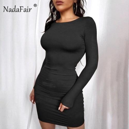 Nadafair O Neck Long Sleeve Bodycon Short Dress Women Casual Basic Slim White Black Brown Mini Sexy Wrap Woman Dress 2021