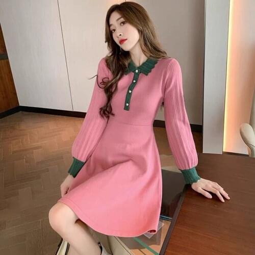 New Fall Winter Runway Hepburn Elegant Sweet Vintage Womens Knitted Luxury Sweater Lantern Sleeve Patchwork Dress Vestidos