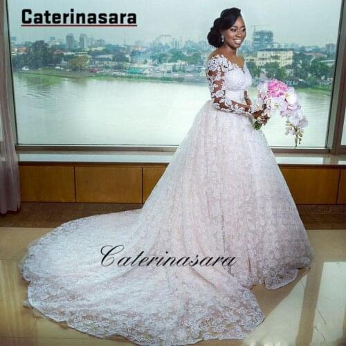 African Full Lace Wedding Dresses V Neck Illusion Long Sleeves Bridal Gowns Sheer Back Buttons vestido de noiva Plus Size