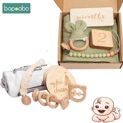 Bopoobp Baby Milestone Set Wooden Toy Cartoon Animal Bunny Fox Cactus Elephant Multi-Function Baby Shower Box Kid Birth gift