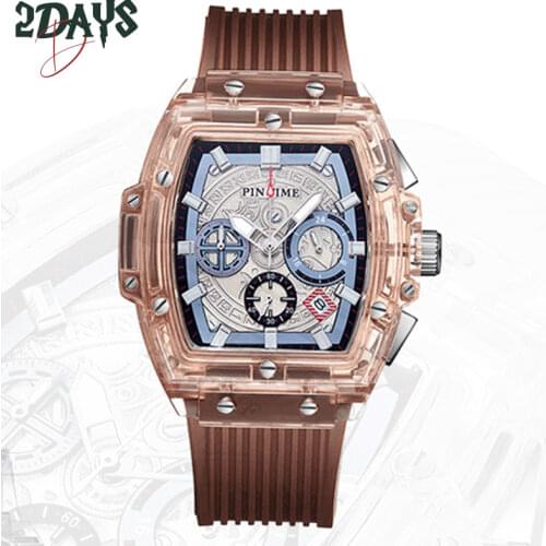 PINTIME Creative Quartz Watch Men Transparent Silicone Strap Watch Hip Hop Skeleton Luxury Military Chronograph montre homme