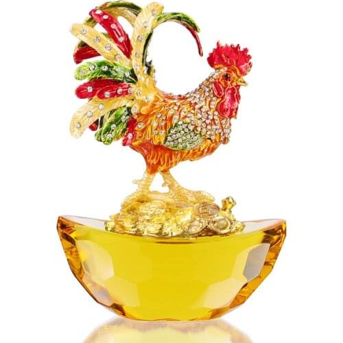 Fengshui Colorful Rooster on Crystal Ingots YuanBao Animal Zodiac Keepsake Figurine Christmas Gift Home Office Ornament