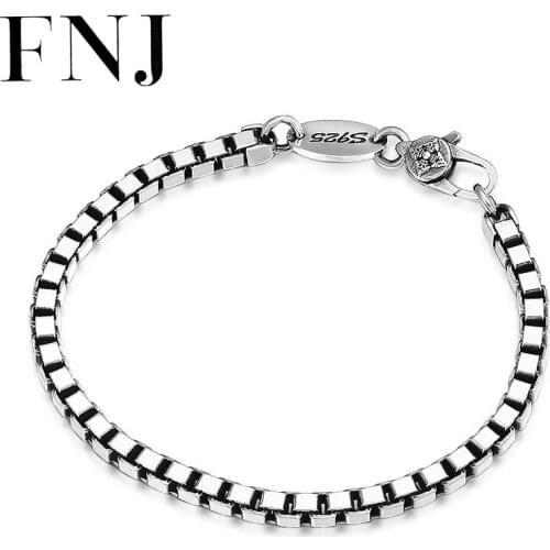 FNJ 20cm Box Chain Bracelet 925 Silver Vintage Original Pure S925 Silver Bracelets for Women Men Fine Jewelry 4mm