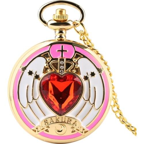 Magic Rhinestone SAKURA Pocket Watch for Girls Student Quartz Watches with Gold Necklace COS Gifts Christmas Birthday Gift Kids