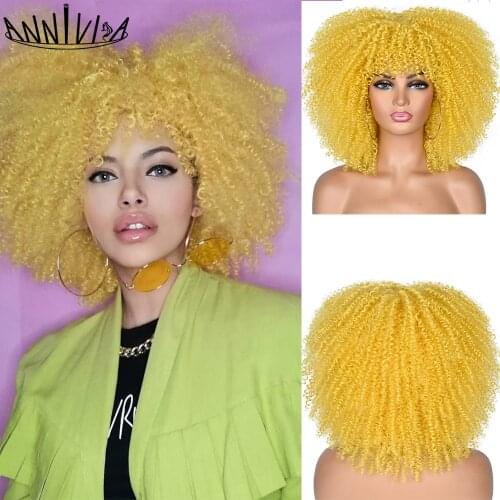 Short Hair Afro Kinky Curly Wig With Bangs For Black Women African Synthetic Ombre Glueless Cosplay Wigs 14" Annivia