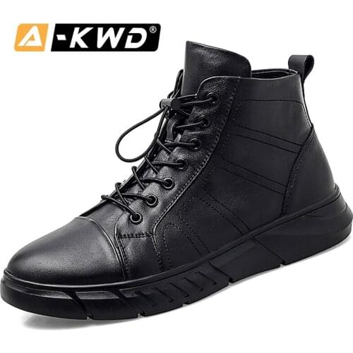 Men Shoes Leather Fashion High Tops Male Boots Luxury Brand Mens Casual Sneakers Waterproof Elastic Band Flats Solid Color Shoes
