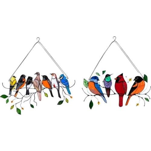 Multicolor Birds on 1 Wire High Stained Glass Suncatcher Window Panel, Bird Series Ornaments Pendant Home Decor