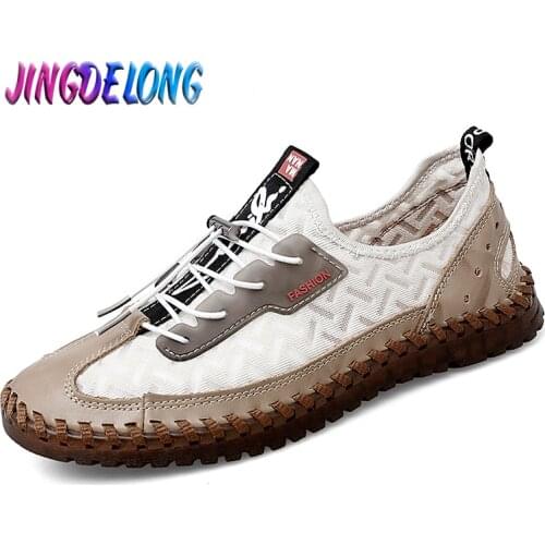 Summer Mens Shoes Leather Breathable Mesh Mens Sneakers Brand High Quality Denim Genuine Leather Shoes Outdoor Moccasins Male