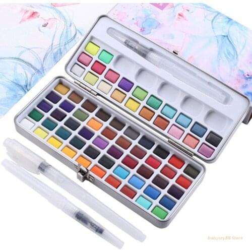 Y4UD 72 Color Solid Watercolor Paint Set with 3 Paint Brushes Kit Portable Metal Case Beginners Students Art Painting Tool