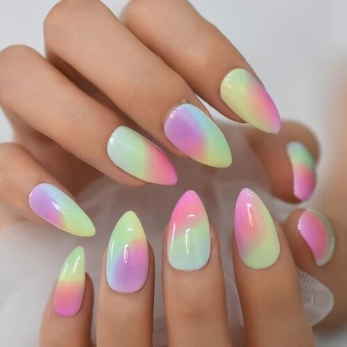 Glossy Gradient Rainbow Ombre French Almond Fake Nail Stiletto Oval Pointed Manicure False Finger Tip Full Cover for Women Girl
