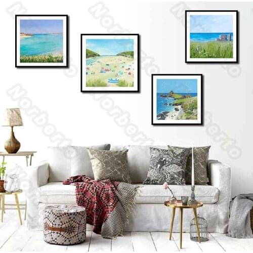 Seascape Canvas Painting Wall Poster Blue and Green Sea Water Light Green Grass Heavy Rocks for Living Room Bedroom Decoration