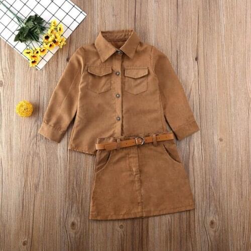 Newest Baby Girl Long Sleeve Button-Down Shirt Tops Mini Skirt Dress Outfits Set 2020 Newest Fashion Children Clothes For Girls