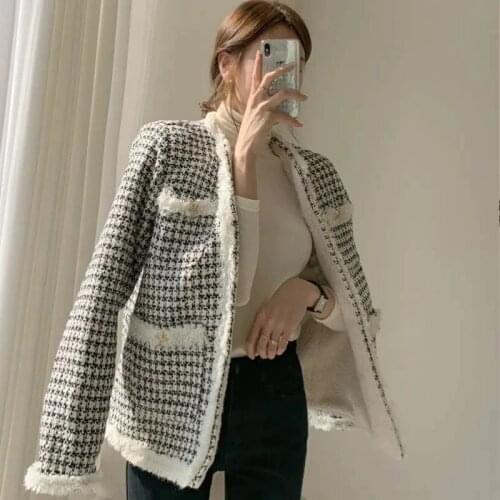 Autumn Winter Thicken Jackets Women Vintage Houndstooth Tweed Warm Outwear Lambswool Patchwork Tassel Elegant Lady Cardigan Coat