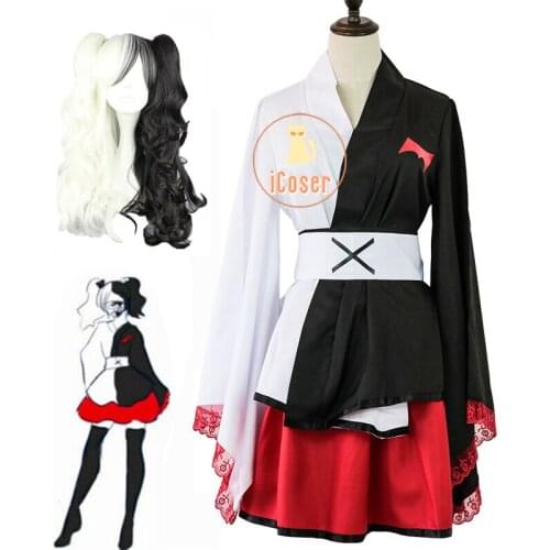 Danganronpa Monokuma Cosplay Dress for Women Dangan Ronpa Black White Kimono Long Wig Dress Anime Costume for Girls Role Play