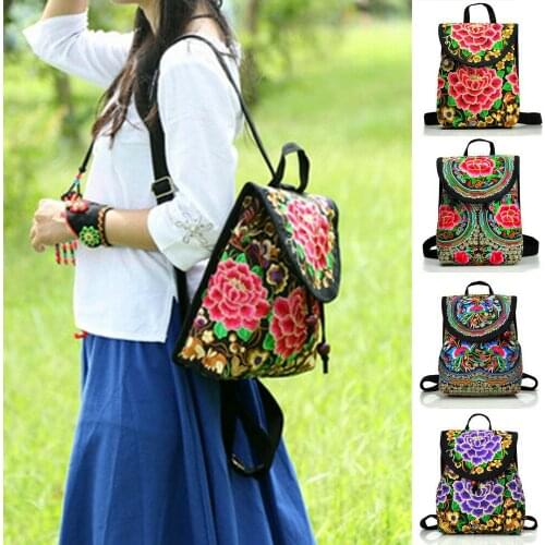 Hot Retro Women Backpack Boho Embroidered Flower Adjustable Strap Shoulder Bag Fashion Cotton Travel Rucksack Bag 2019