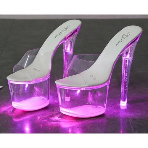 Large Size Sandals Clear Heel Light-emitting PVC Platform Buckle Strap Super High Heels Thin Heel Solid Womens Shoes 2019 New